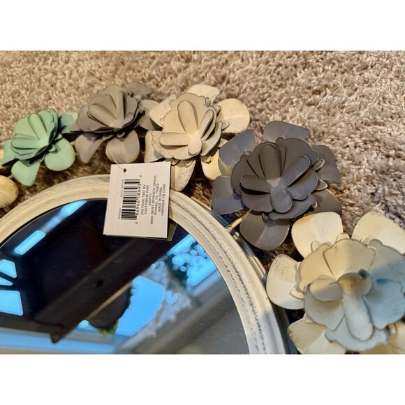 NEW Vintage Boho Metal Flower Rustic Tabletop Mirror Floral Pastels 19.5" - Picture 4 of 5